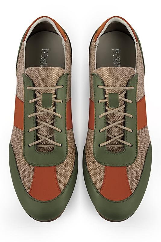 Forest green, caramel brown and terracotta orange two-tone dress sneakers for men. Round toe. Flat rubber soles. Top view - Florence KOOIJMAN